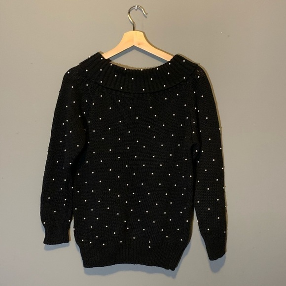 Vintage Sweater Womens Medium Pearl Knit Novelty Black Wide Neck Classic 80s - Picture 4 of 6